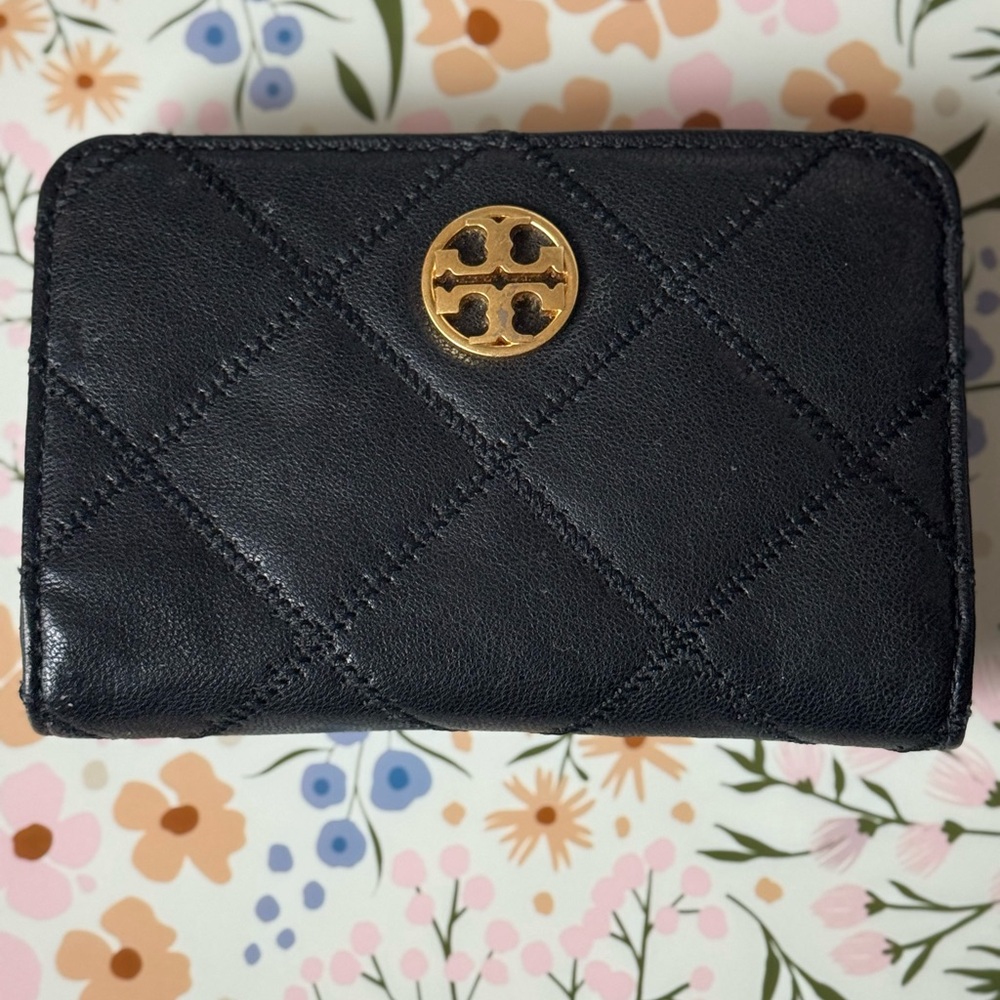 Tory Burch Black Quilted Leather Wallet with Gold Logo